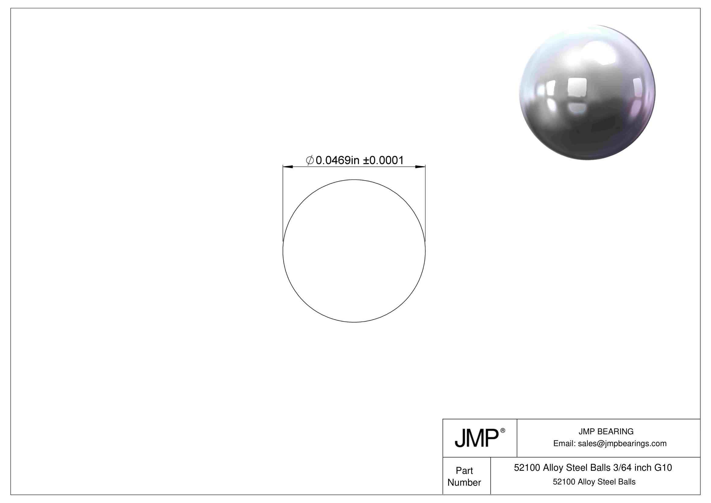 52100 Chrome Steel Balls 3/64 inch G10 engineering drawing
