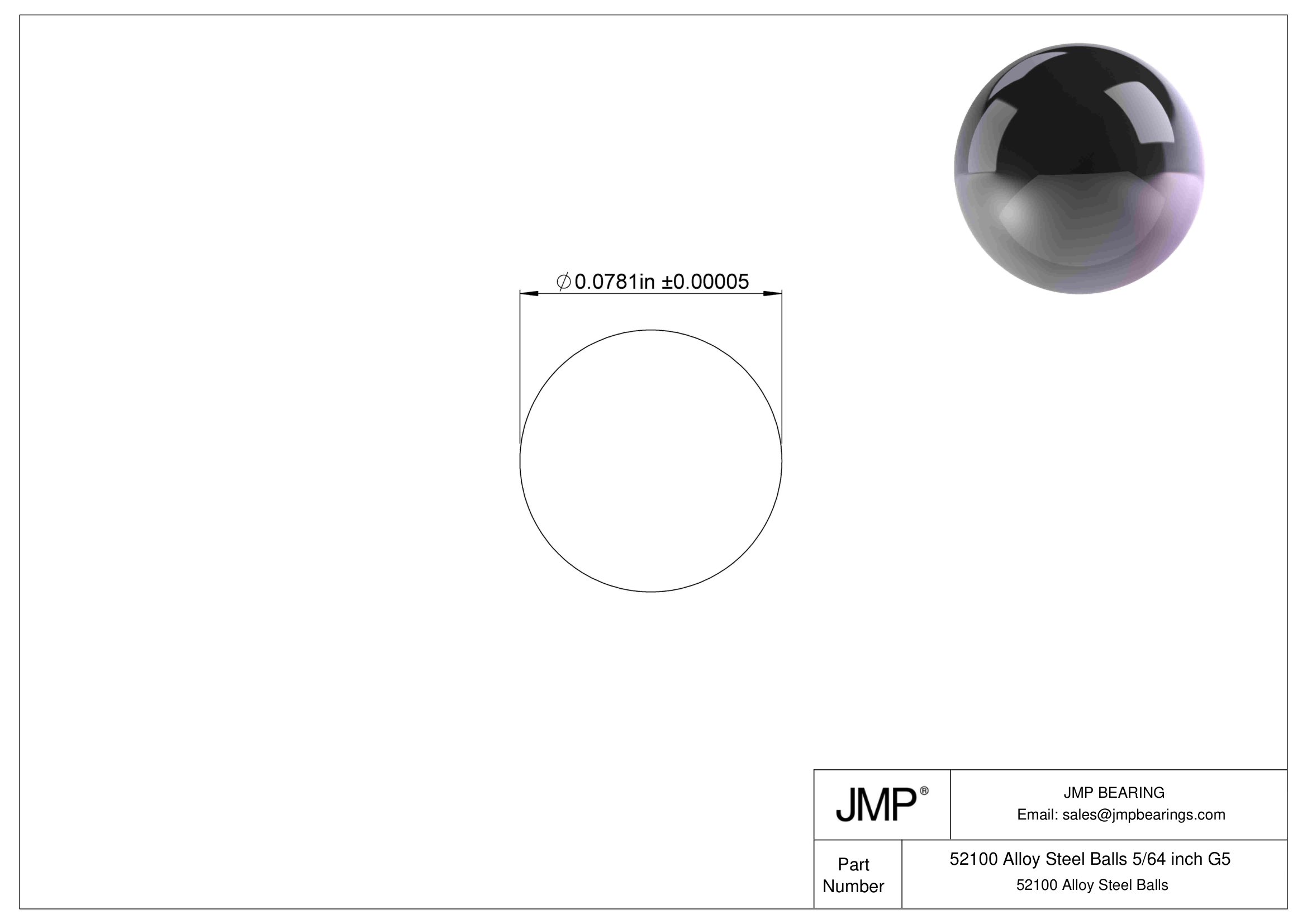 52100 Chrome Steel Balls 5/64 inch G5 engineering drawing